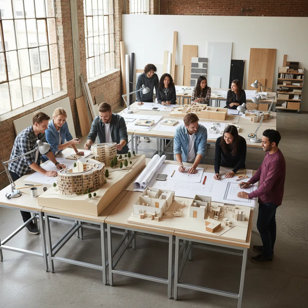 Students working on building models and interior design drawings in a large and bright workshop