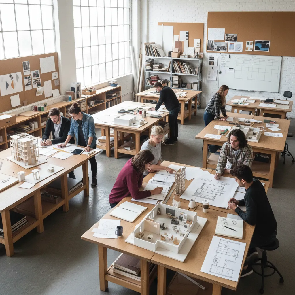 Estudiantes trabajando en maquetas y planos en un taller de diseño