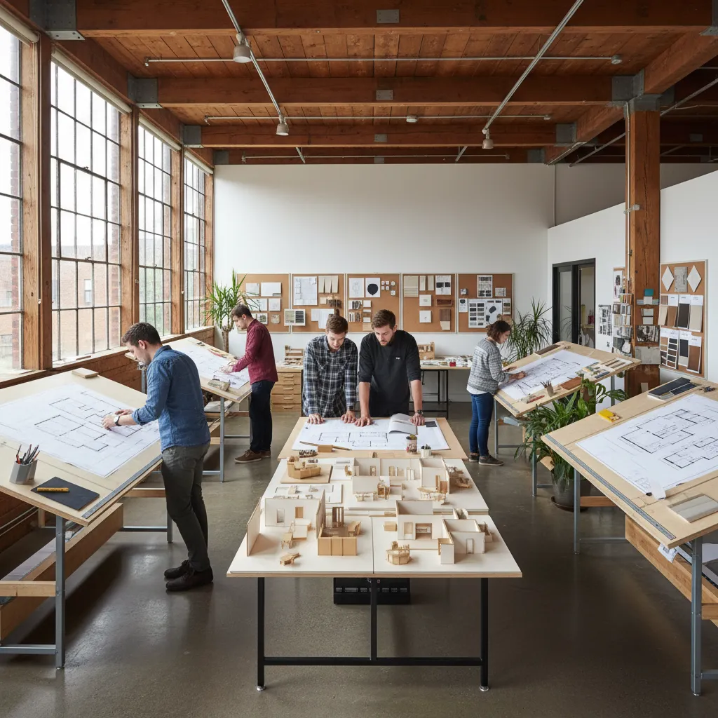 Interior design students working on floor plans and 3D room models in a bright studio
