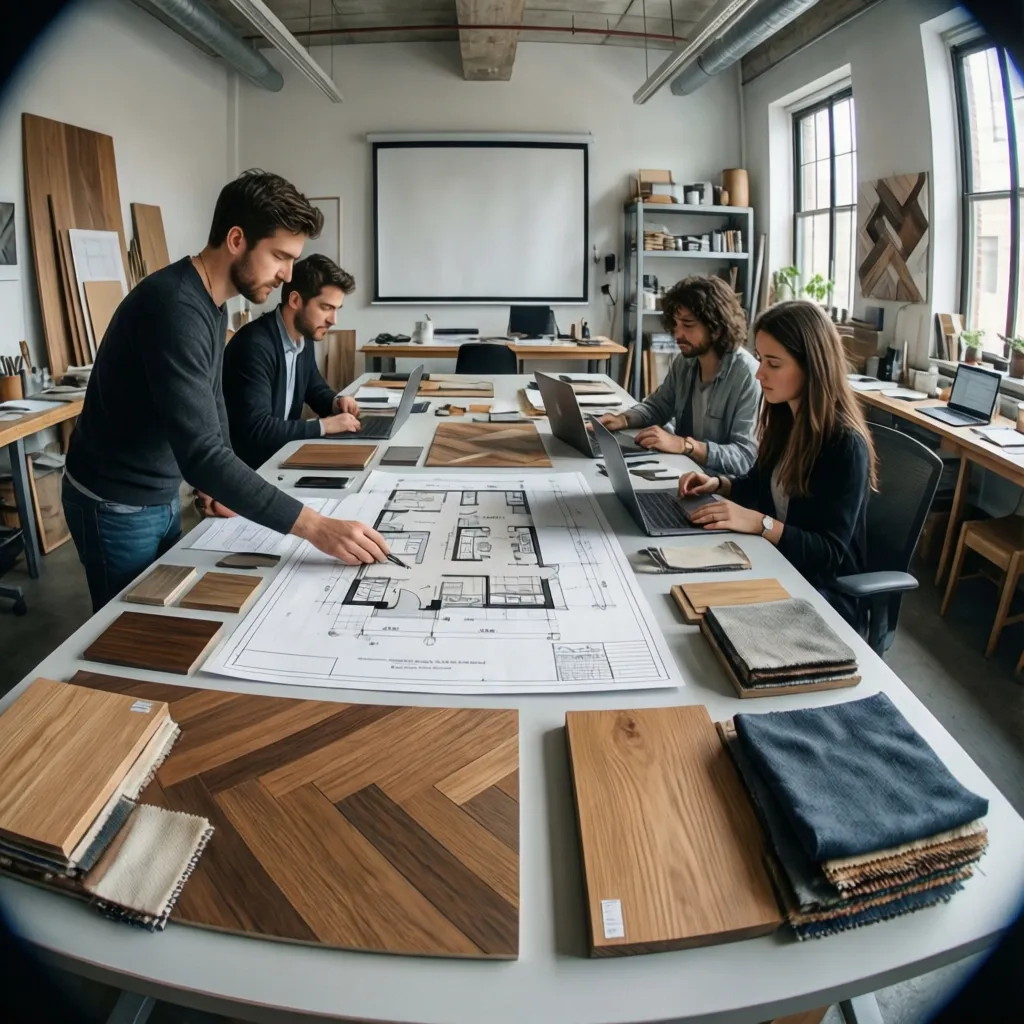Estudiantes de diseño revisando planos y muestras de materiales