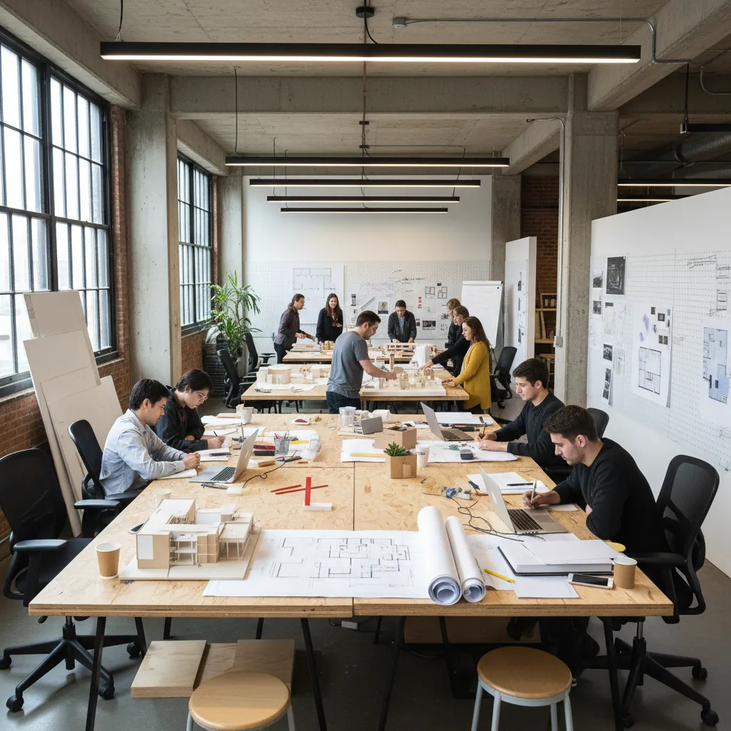 Estudiantes trabajando en un taller de diseño de interiores con planos y maquetas