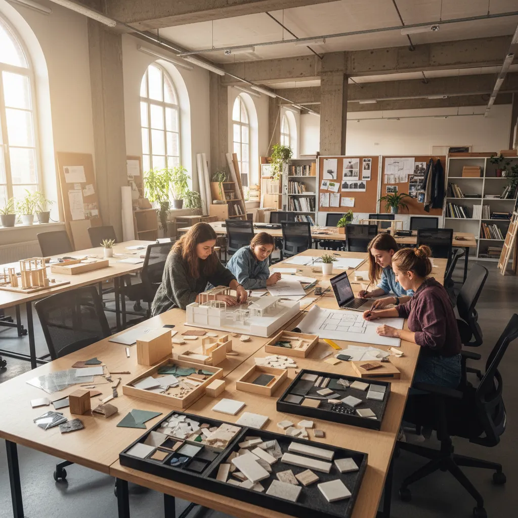 Estudiantes de diseño de interiores trabajando en maquetas y planos