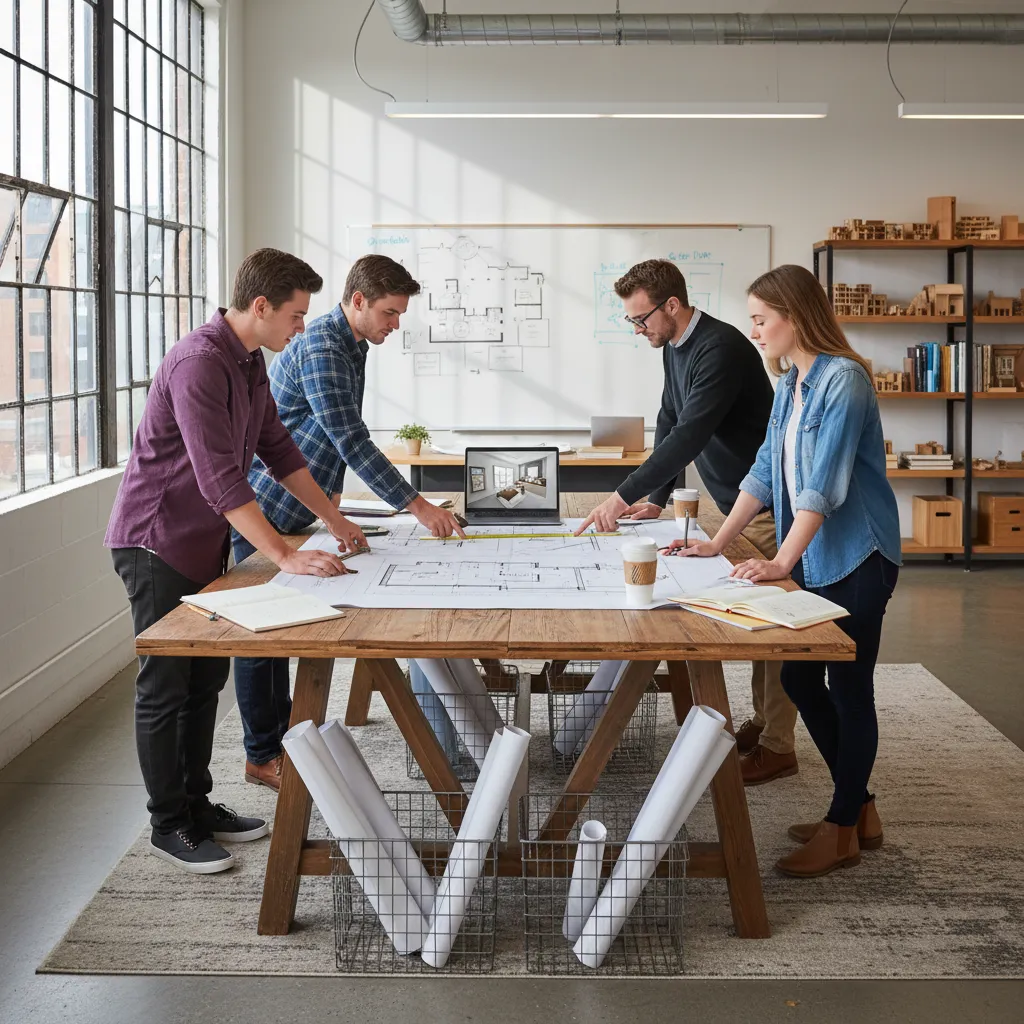 Team of designers standing around a wooden table reviewing a floor plan in a studio