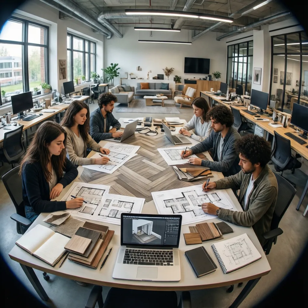 Grupo de estudiantes desarrollando un proyecto de diseño interior con planos y muestras