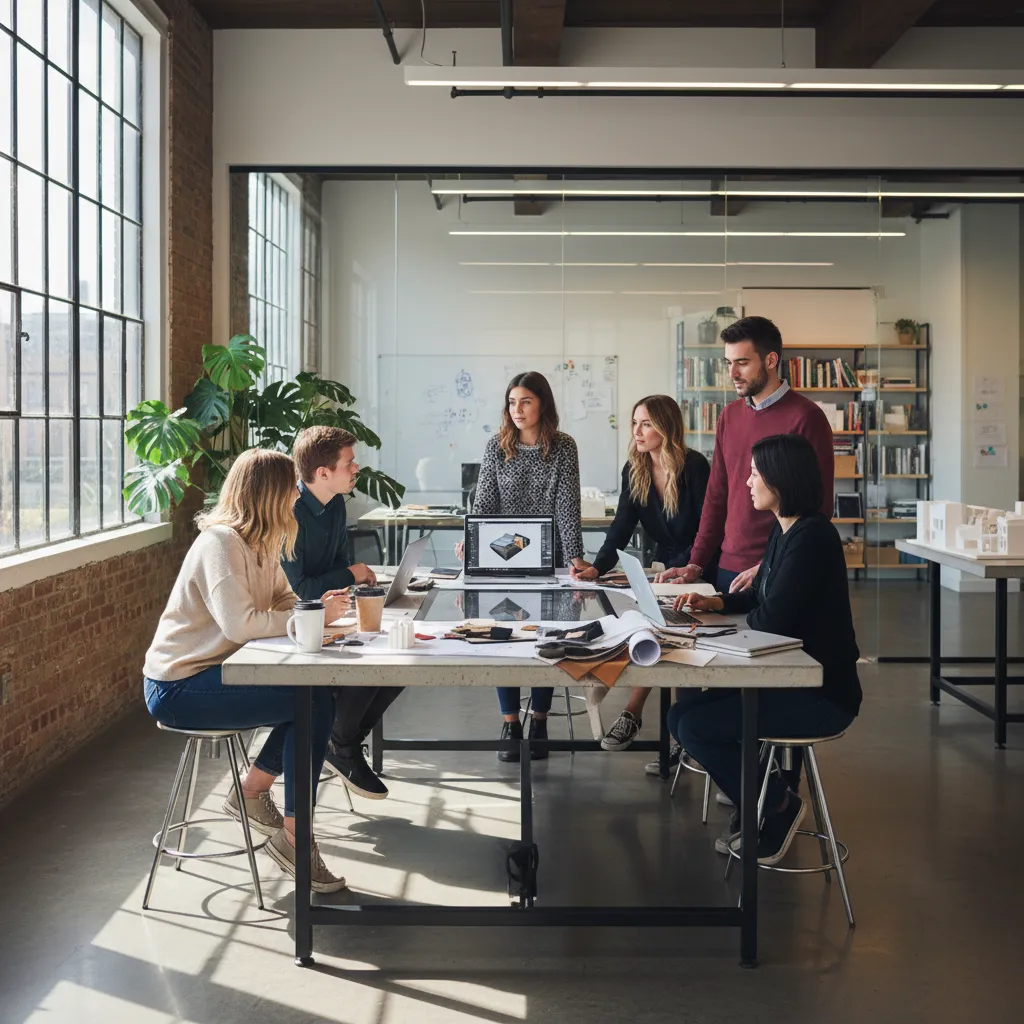 Group of people working on interior design with laptops and drawings at a large table