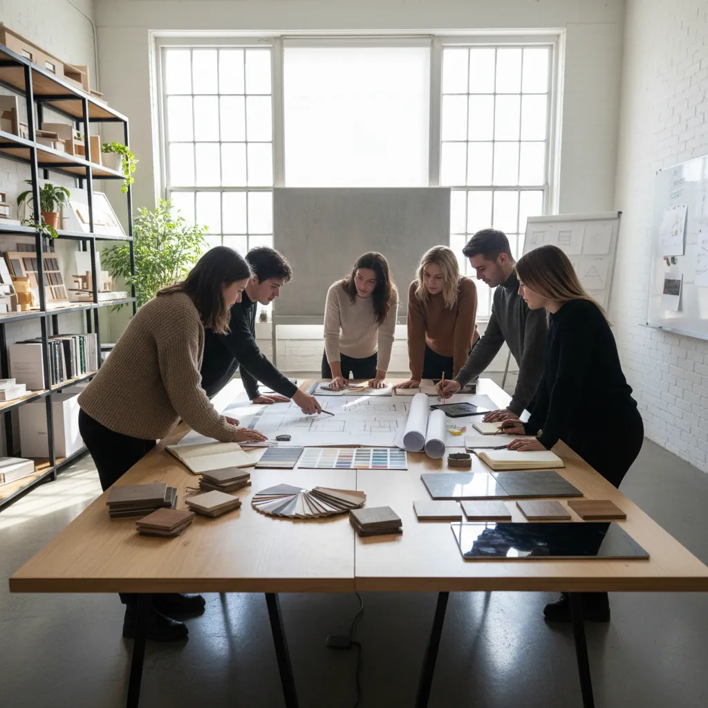 Estudiantes de diseño de interiores trabajando en planos y muestras de materiales