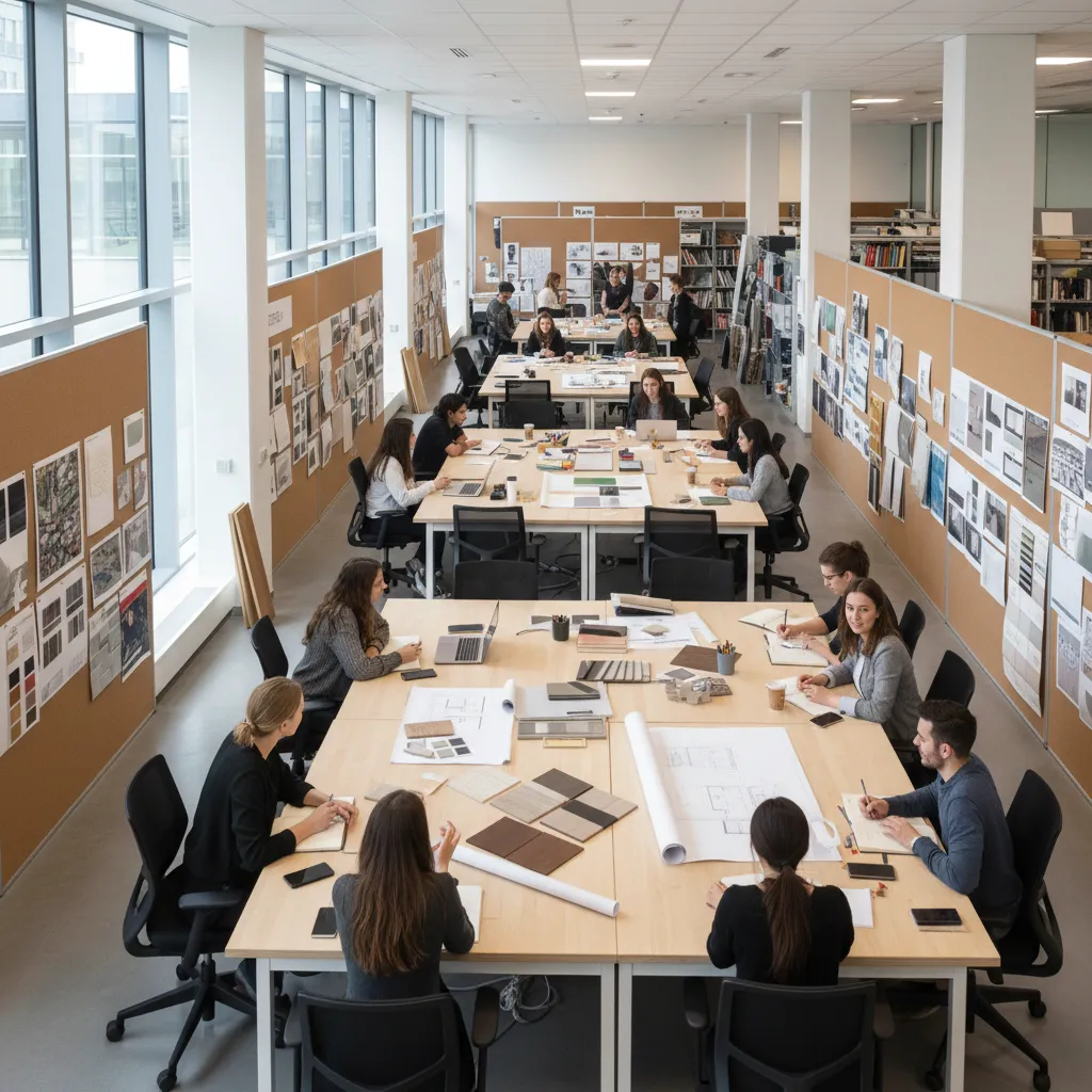 Estudiantes desarrollando proyectos de diseño de interiores en una universidad