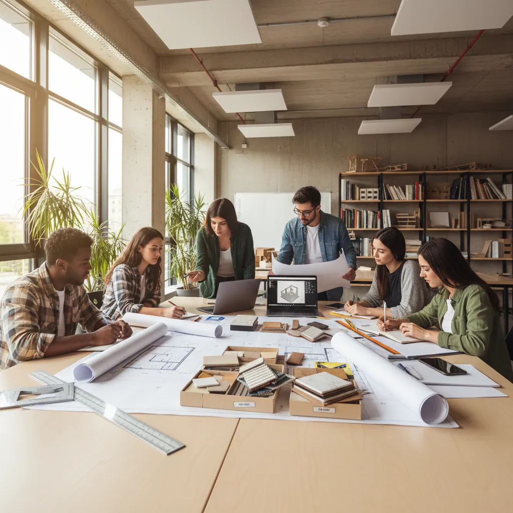 Estudiantes revisando planos de interiorismo en una mesa de trabajo
