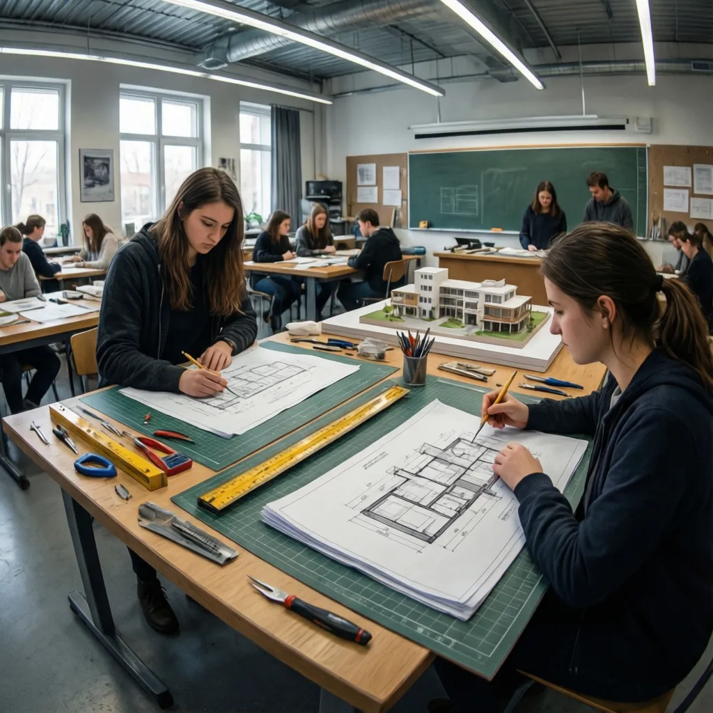 Estudiantes trabajando con planos técnicos y maquetas