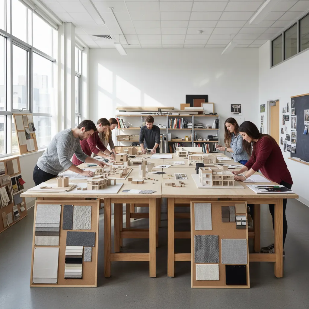 Grupo de estudiantes trabajando en maquetas y proyectos de interiorismo en clase