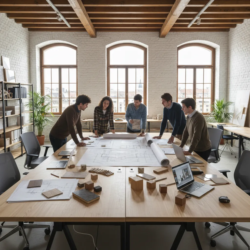 Design team discussing a large room layout on a wooden table in a bright studio