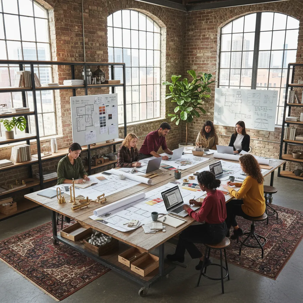 Design students working on floor plans in bright studio with large windows and brick walls