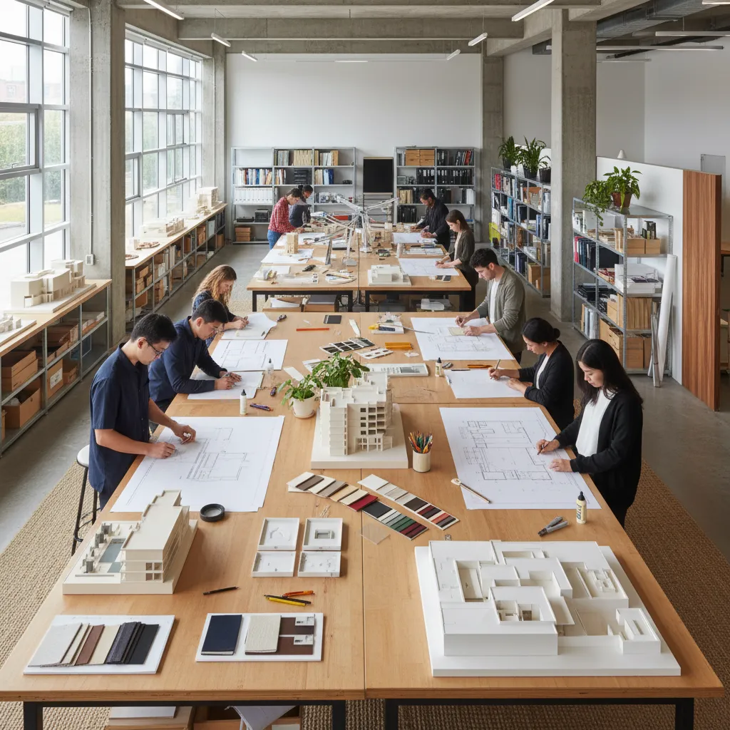 Estudiantes trabajando en maquetas y planos de interiorismo
