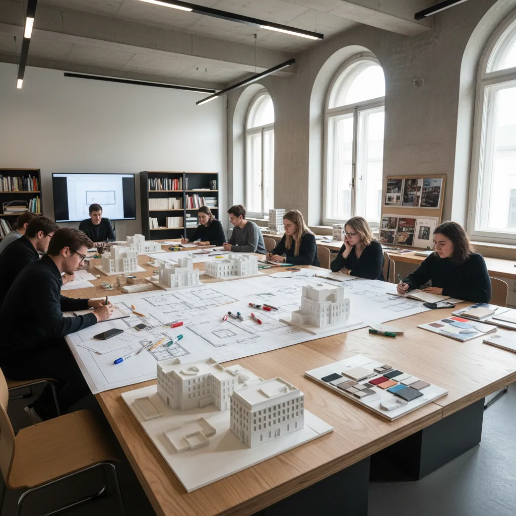 Clase de estudiantes de interiorismo analizando planos y maquetas