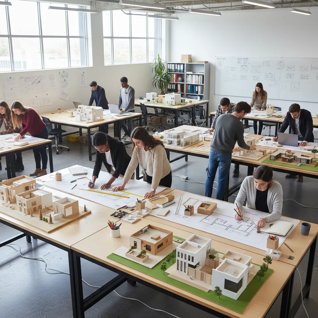 Students working on house models and floor plans in a bright and spacious design studio