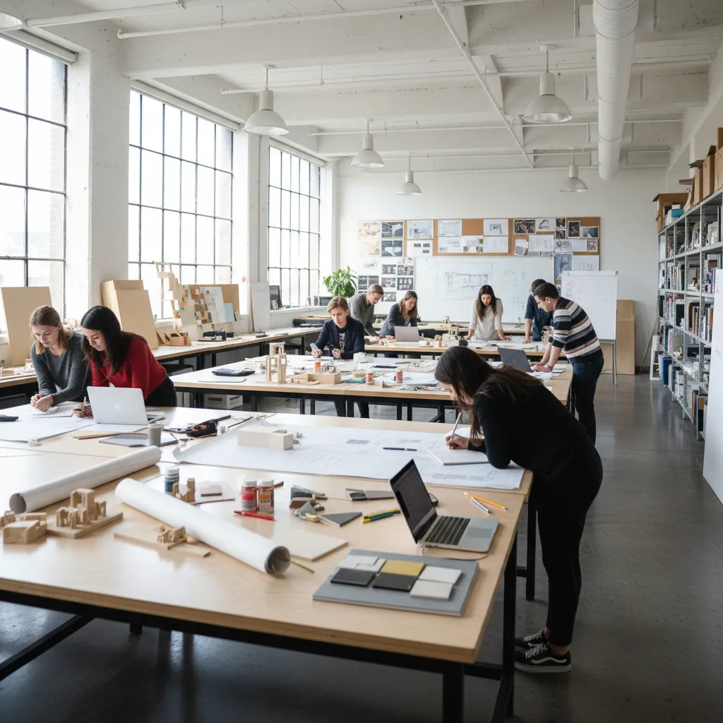 Interior design students working on projects at large tables in a studio with ceiling lights