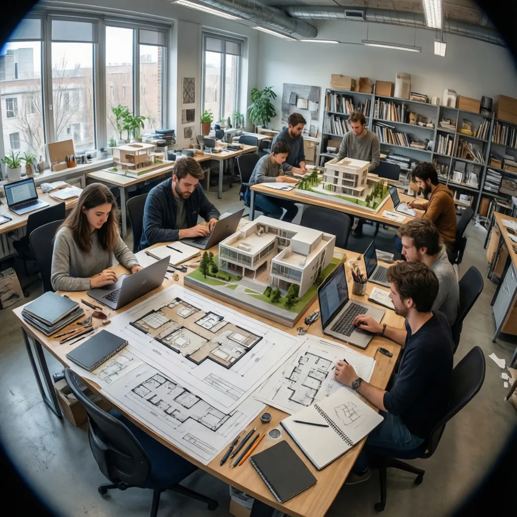 Interior design studio with students working on floor plan drawings laptops and physical house models