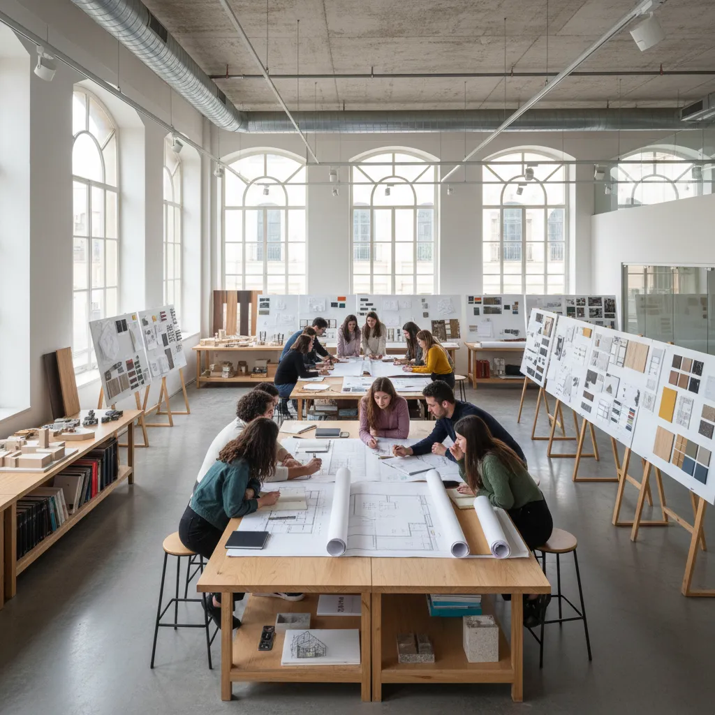Aula universitaria de diseño de interiores con estudiantes trabajando en planos