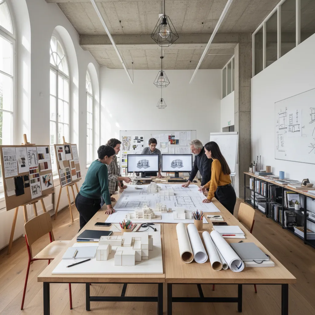 Estudiantes de interiorismo revisando planos y maquetas en un estudio universitario