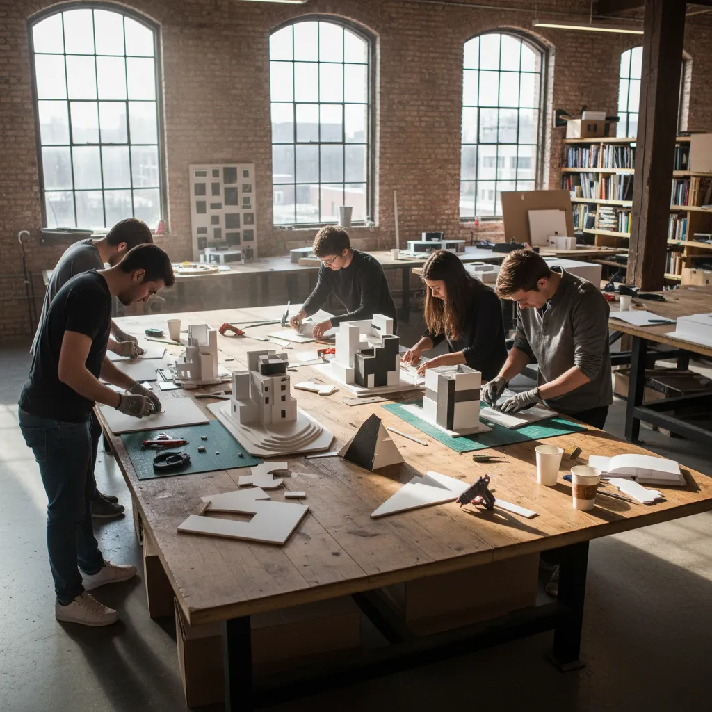 Group of students building white 3D house models on wooden table in a sunny workshop