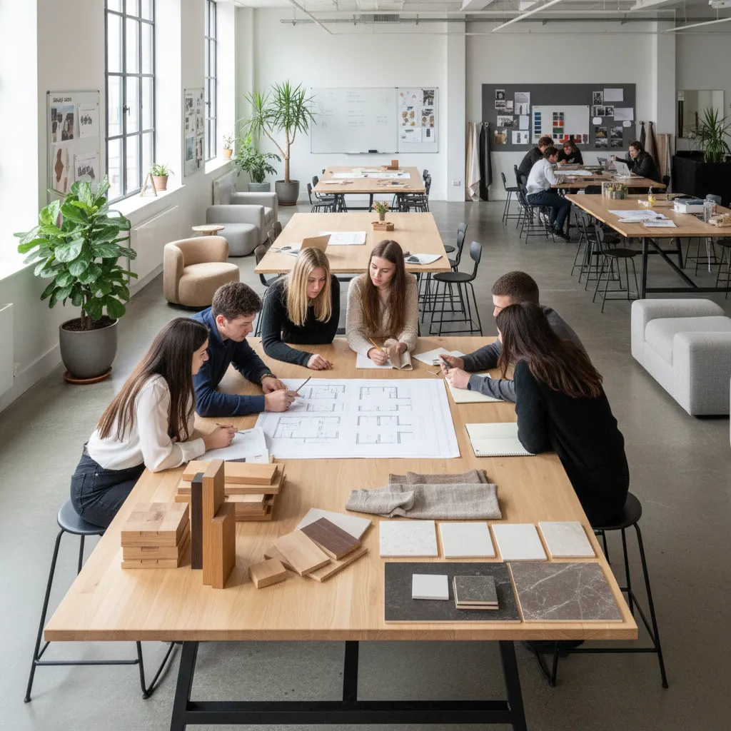 Estudiantes de interiorismo trabajando en planos y muestras de materiales