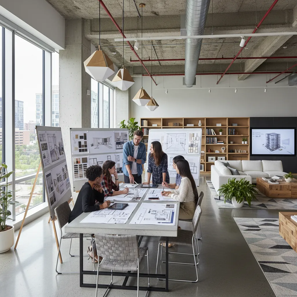 Grupo de estudiantes revisando un proyecto de interiorismo