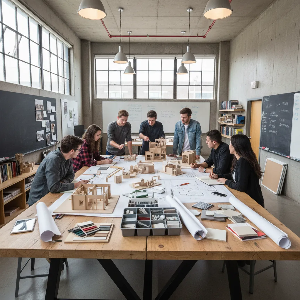 Interior design students working on house models and floor plans around large wooden studio table