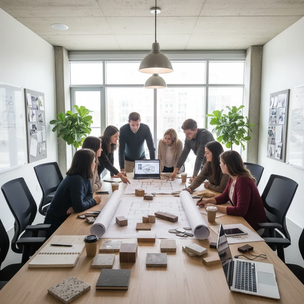 Estudiantes desarrollando un proyecto de diseño de interiores con planos y muestras de materiales