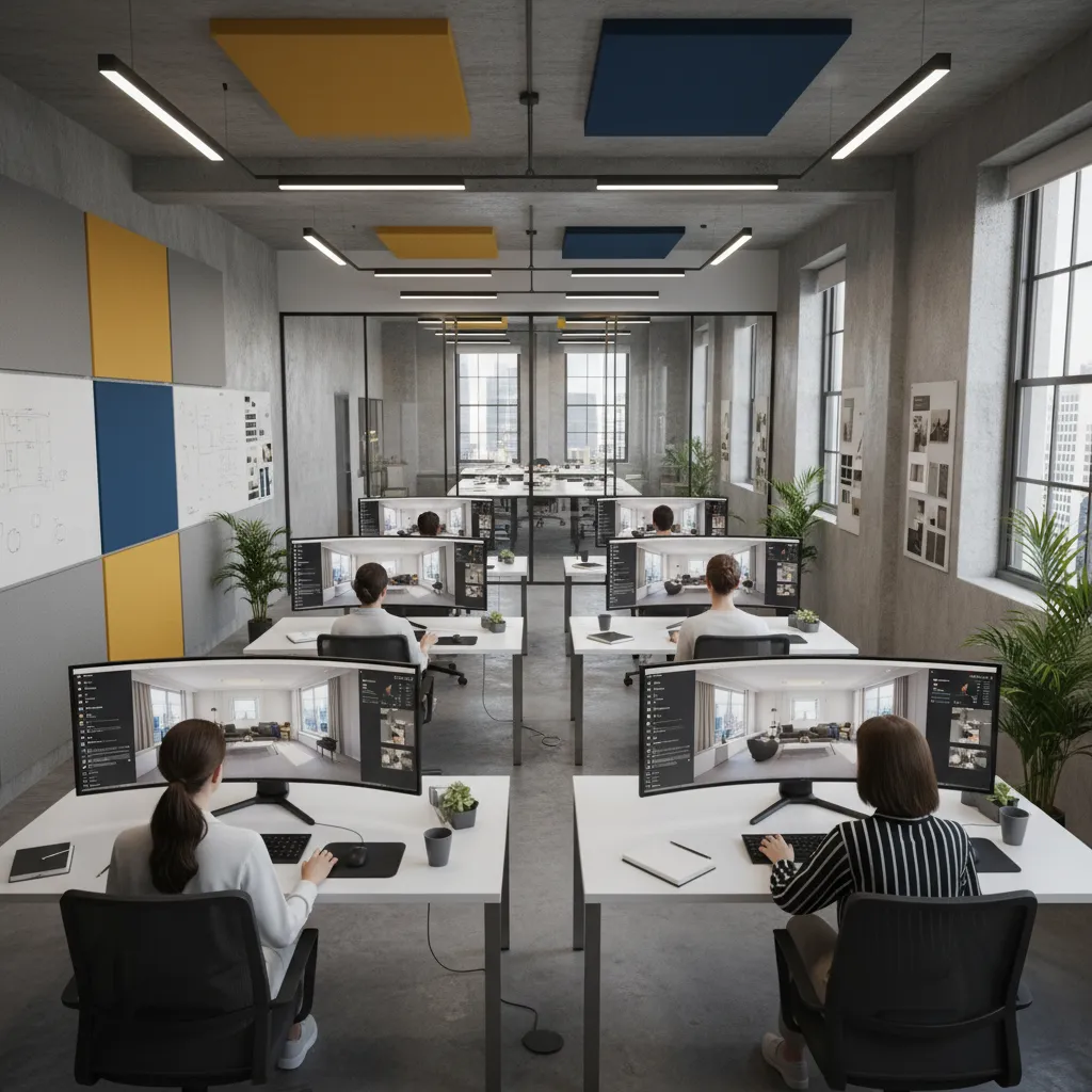Estudiantes trabajando en renders 3D de interiores en ordenadores