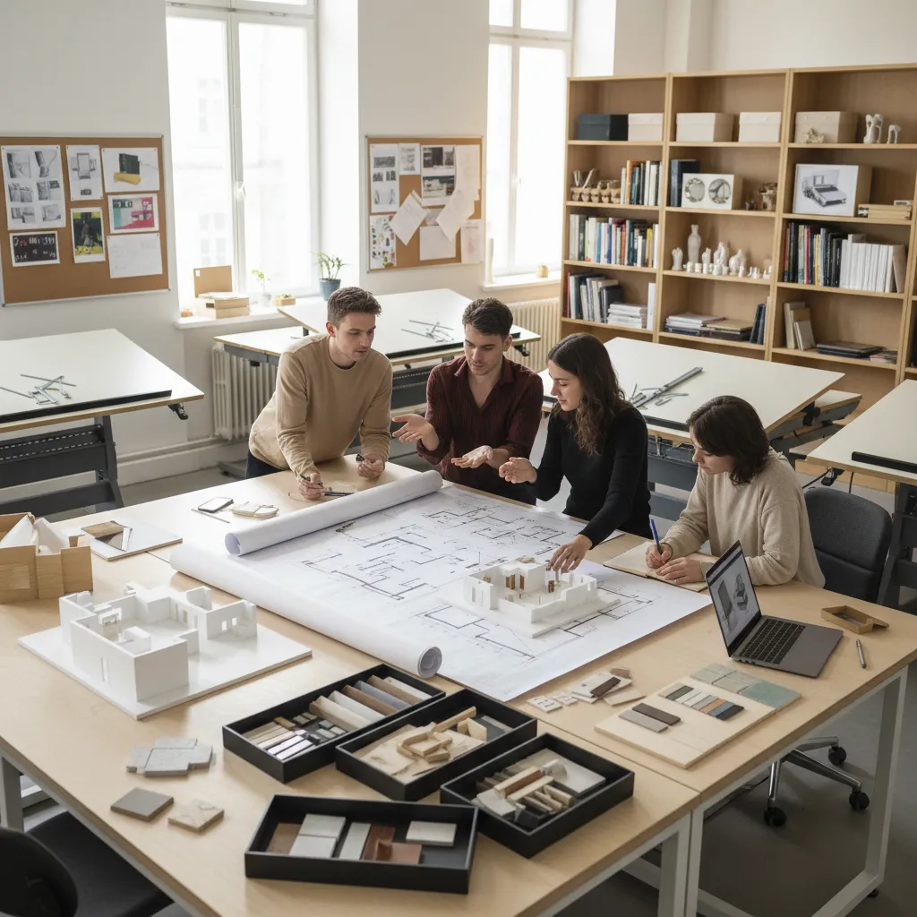 Estudiantes de diseño de interiores revisando planos y maquetas en un taller universitario