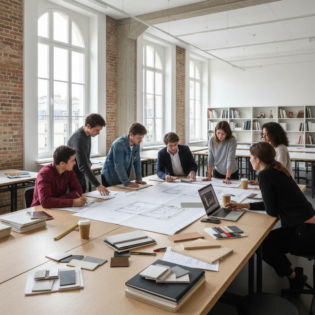 Estudiantes analizando planos de diseño de interiores en una mesa de trabajo