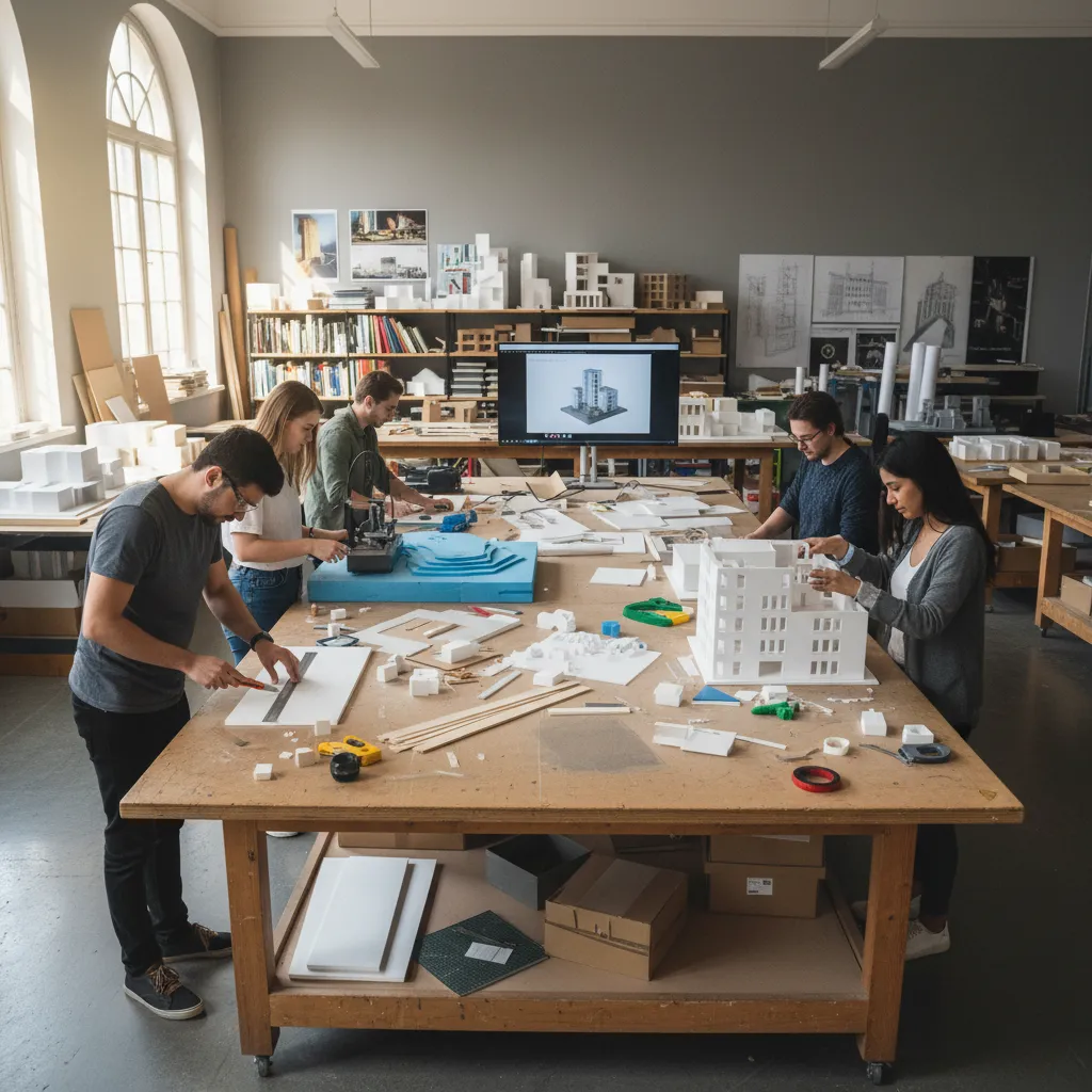 Estudiantes de diseño creando una maqueta arquitectónica en clase