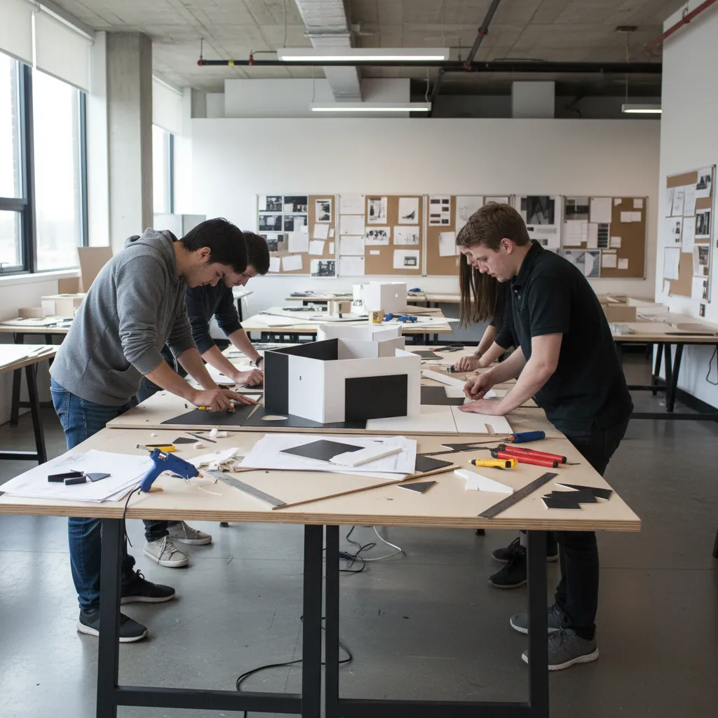 Estudiantes creando maquetas de diseño de interiores en una mesa de trabajo