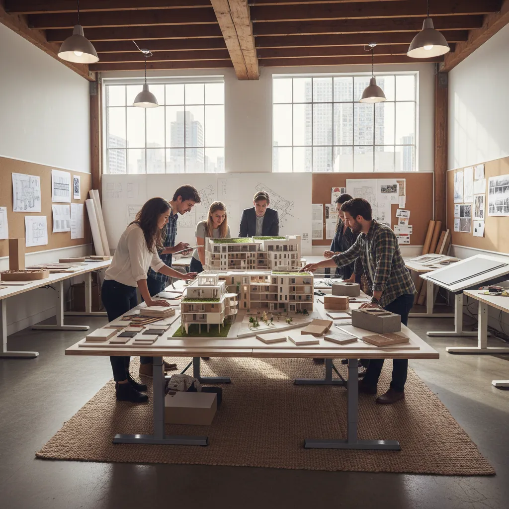 Estudiantes revisando una maqueta de diseño interior sobre una mesa