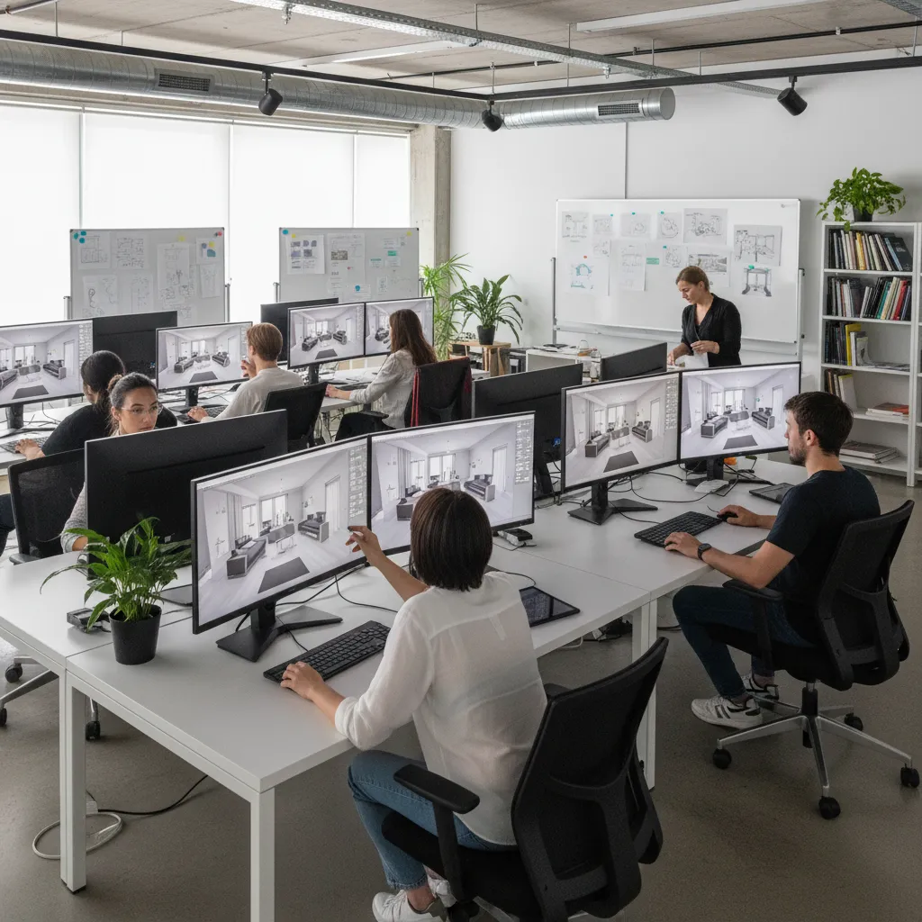 Students at white desks creating interior design drawings on computer monitors in a bright studio