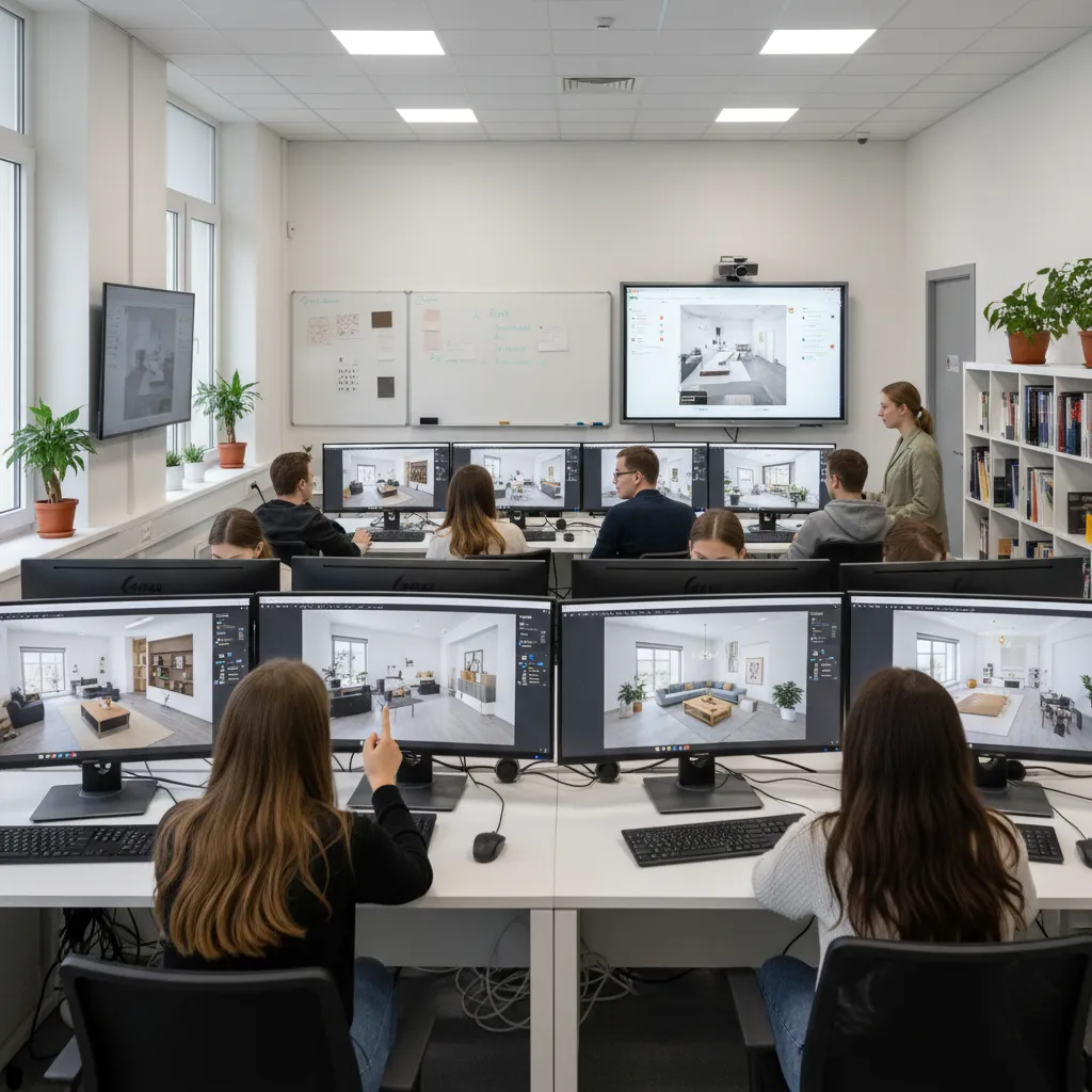 Students in a computer lab using interior design software to create 3D room design drawings