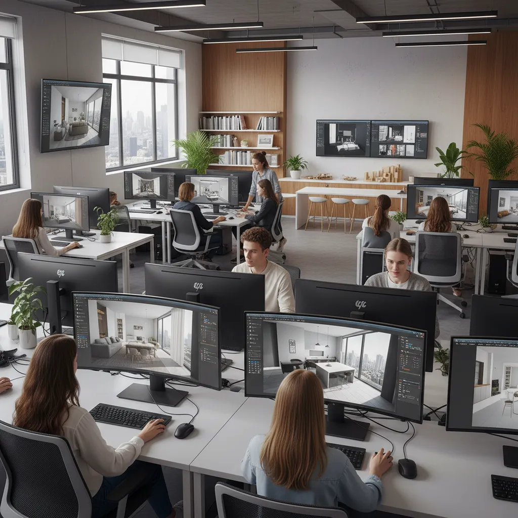 Estudiantes de diseño interior trabajando con software 3D