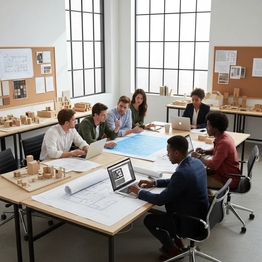 Estudiantes de diseño trabajando en distribución de espacios con ordenador