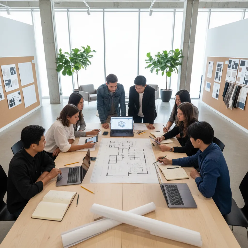 People sitting around large table discussing paper floor plan with laptops and tablets in bright office