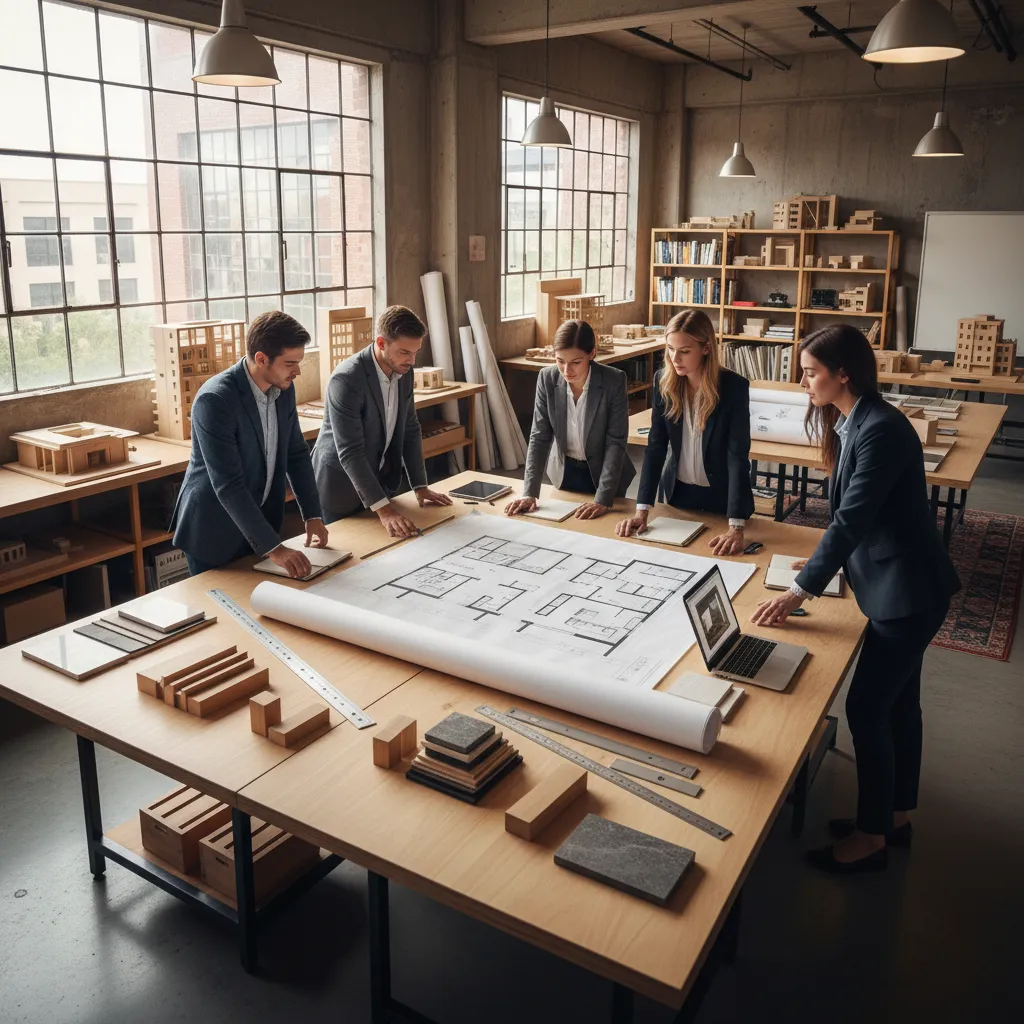 Professionals in suits looking at a large floor plan on a wooden table with samples