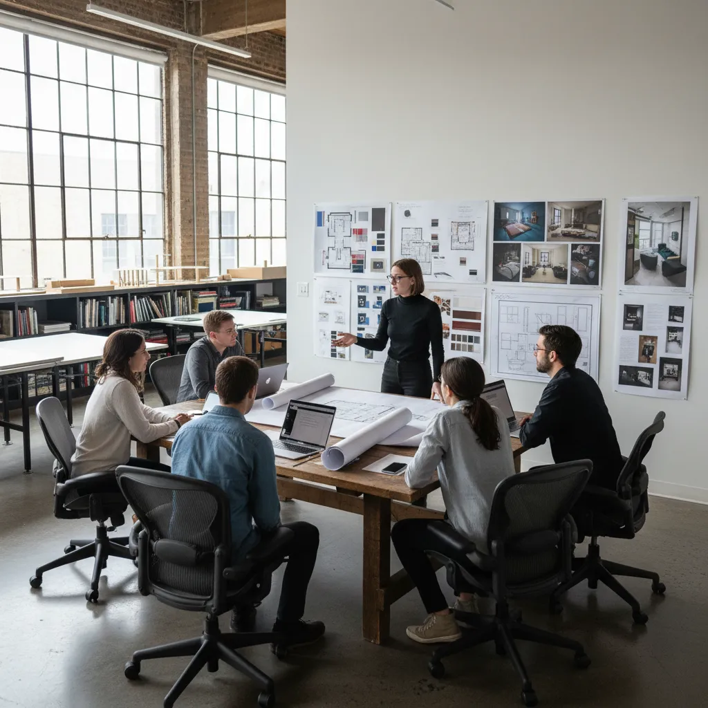 Estudiantes presentando un proyecto de diseño de interiores en clase