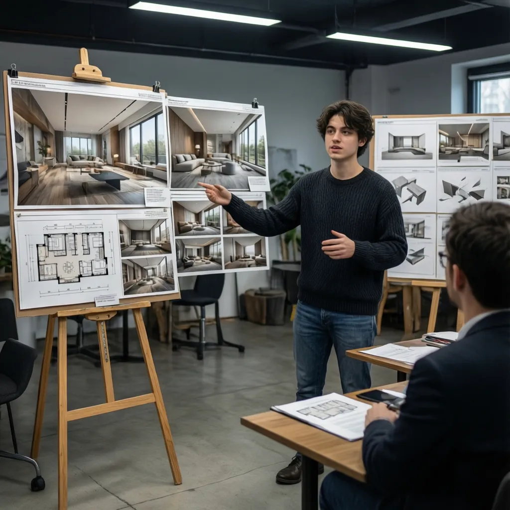 Estudiantes presentando un proyecto de interiorismo con paneles y renders