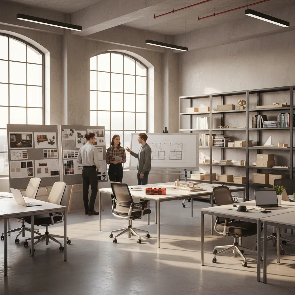 People discussing interior design projects in a spacious studio with large windows and display boards