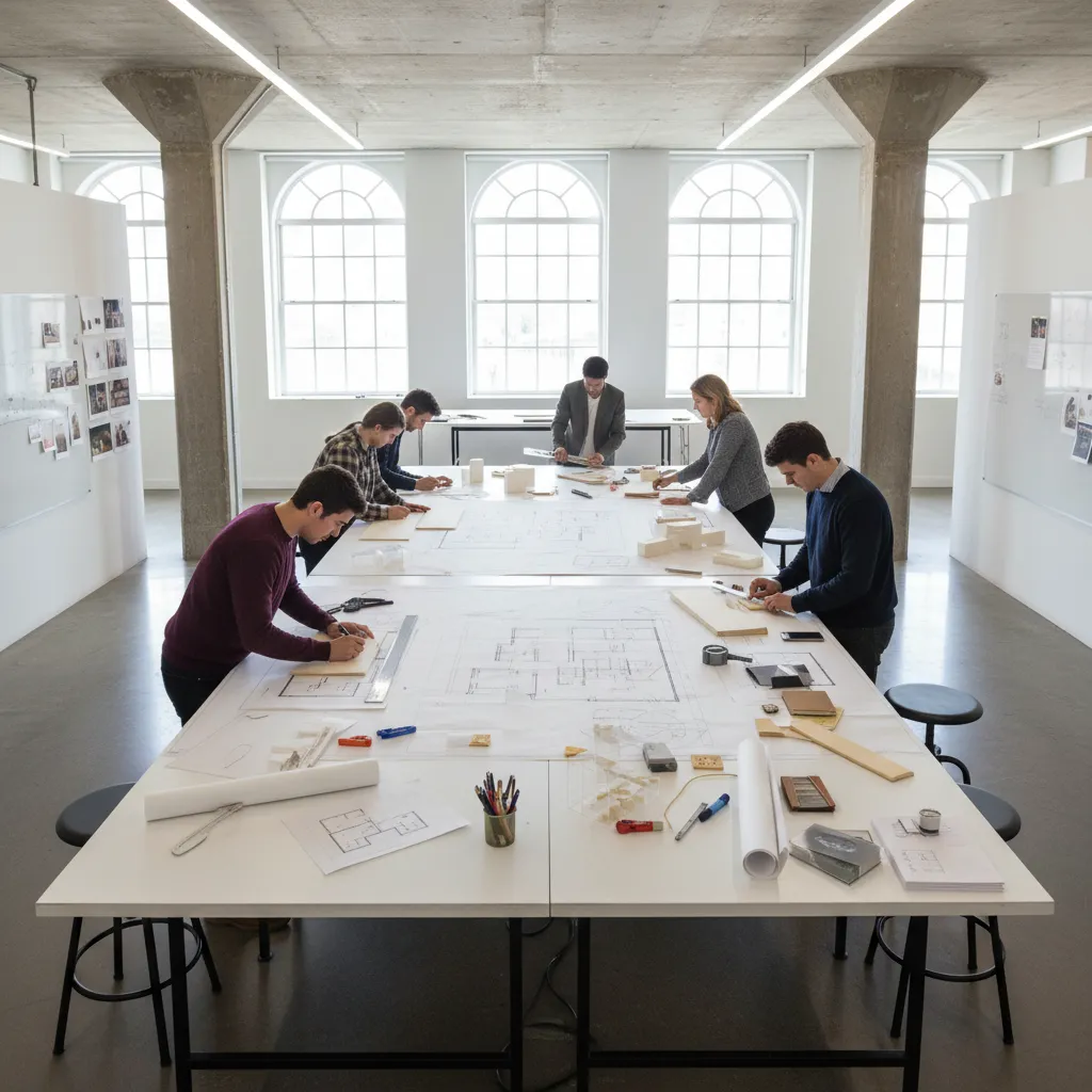 Estudiantes revisando planos y maquetas de interiorismo en una mesa de trabajo