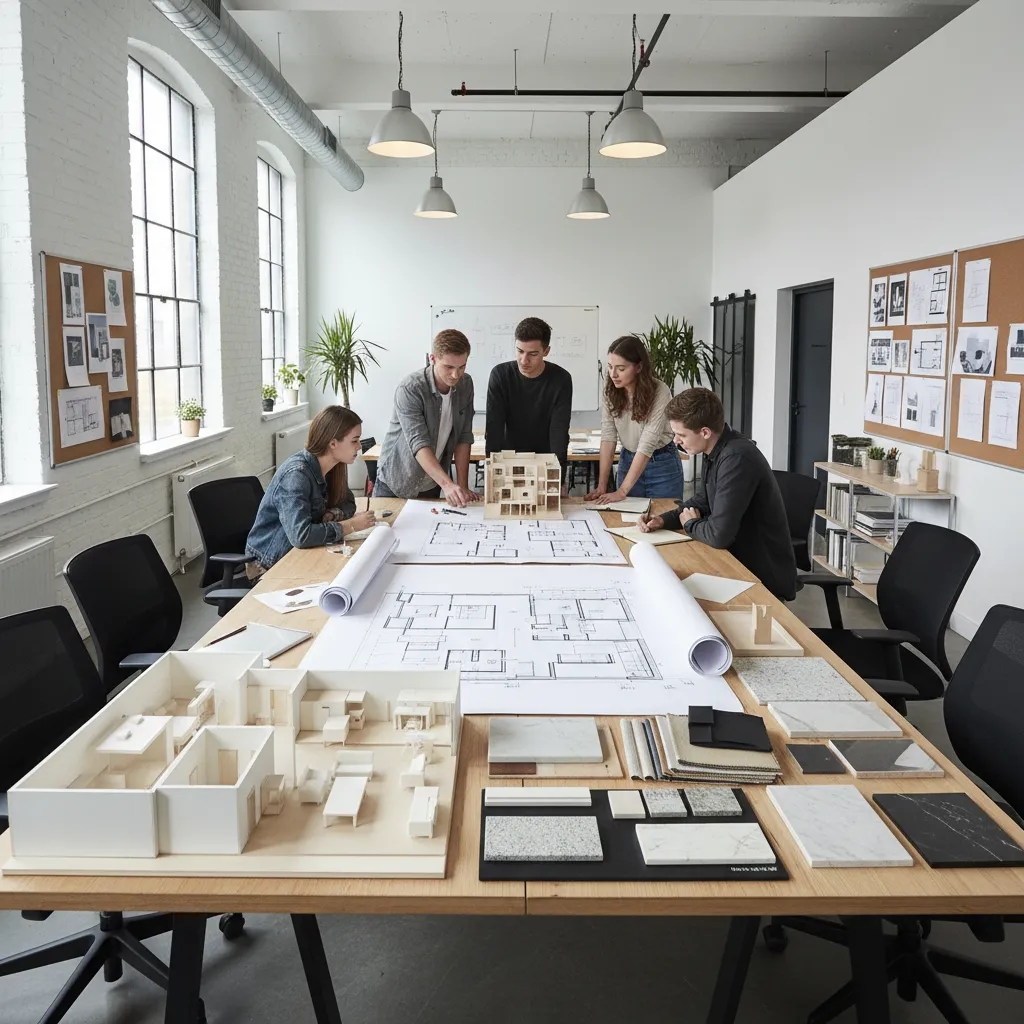 Estudiantes revisando planos y maquetas de diseño de interiores