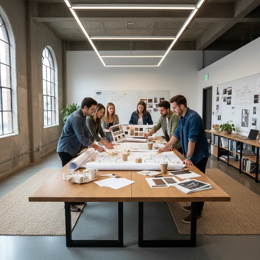 Estudiantes analizando planos y maquetas en un estudio de diseño interior