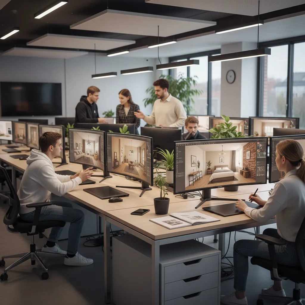 Interior design drawings on computer monitors in a modern office with people working at desks