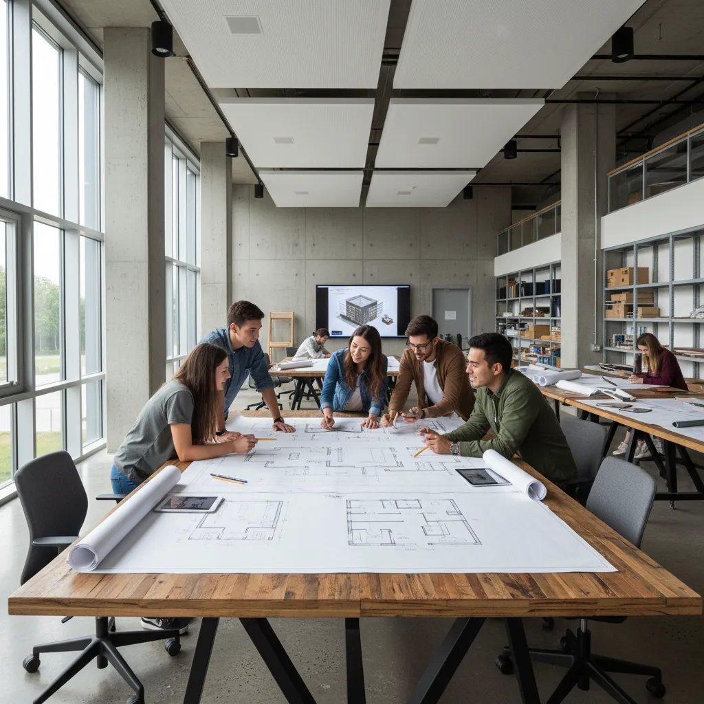 Estudiantes revisando planos de distribución de interiores