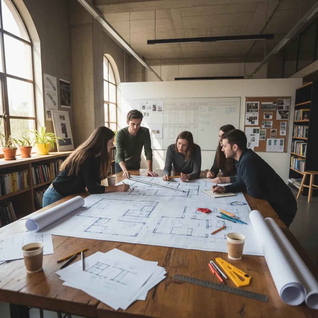 Estudiantes revisando planos de distribución en mesa de estudio