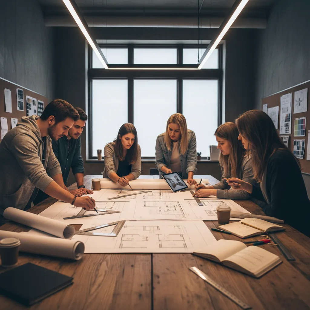Group of people working together on floor plan layouts spread across a large wooden table
